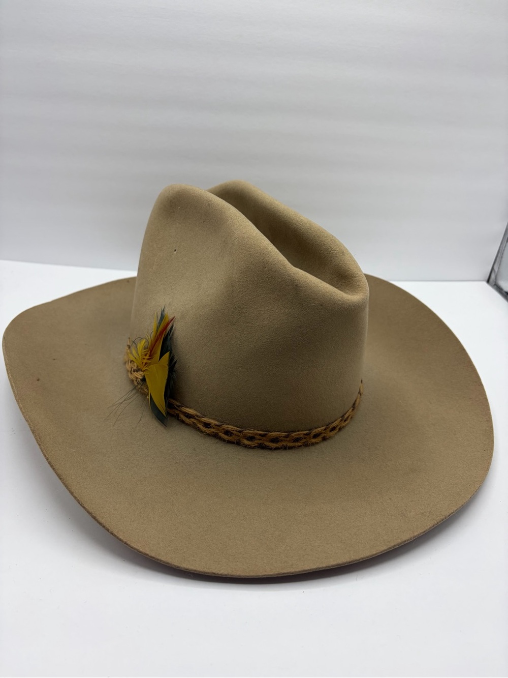 Ranch Western Wear Wool Cowboy Hat Size 7 1/4 Tan Beige Band/Feathers Western